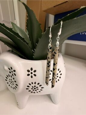 Handmade Dalmatian Jasper Crystal 925 Sterling Silver Spike Drop Earrings